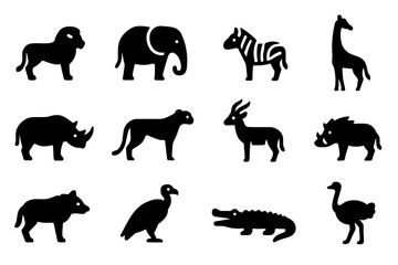 Fototapeta premium Savanna Animal Icons. Savanna animals. Solid icon set of Savanna animals: lion, elephant, zebra, giraffe, rhinoceros, cheetah, antelope, warthog, hyena,