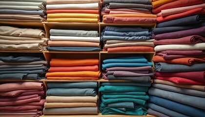 Colorful fabric rolls on wooden shelves in textile shop atelier. Large assortment of folded cloth materials for sewing clothes. Many stacks of cotton, linen in warehouse, wide selection of colored