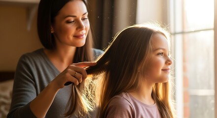 Mother Brushing Daughters Hair in Warm Sunlight by Window.
