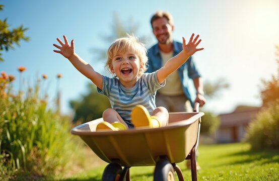 Happy boy rides in wheelbarrow pushed by dad outdoors. Father smiles pushing playful kid in cart. Parent and child enjoy garden work. Family have fun together in summer on farm.