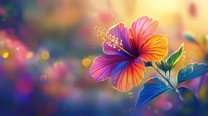 Fototapeta premium Vibrant hibiscus flower in a dreamy, colorful garden setting