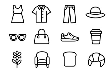 Weekend Fashion Icons. Weekend fashion style. Line icon set of weekend fashion style: dress, shirt, pants, hat, sunglasses, bag, sneakers, coffee cup, flower,