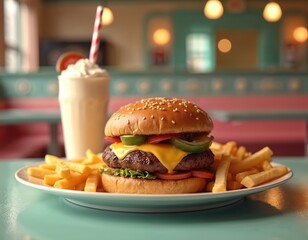 Appetizing cheeseburger with french fries on white plate. Beef burger combo meal with vanilla milkshake in retro diner. Classic american fast food lunch with melted cheese, tomato, lettuce, jalapeno