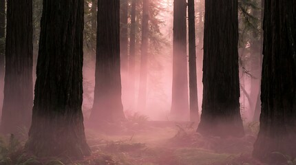 Ethereal morning sunbeams casting a magical pink glow on the misty floor of an ancient, tranquil redwood forest