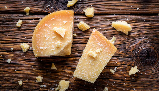 Artisan parmesan cheese displayed on rustic wood with delicious savory flavor, perfect for gourmet food blogs and cooking demonstrations with rich taste