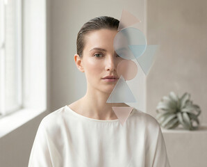 Minimalist high-fashion beauty portrait of a woman with translucent geometric shapes overlaying her face, representing data and abstract concepts