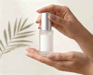 Product-forward beauty shot of a woman's manicured hands presenting a frosted glass spray bottle with a silver cap and blank white label