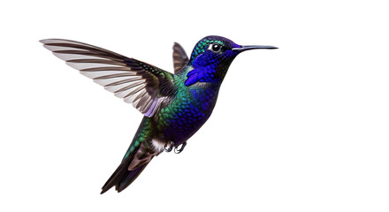 Obraz premium Iridescent hummingbird with vibrant blue and green plumage in flight, cutout, PNG isolated on white or transparent background