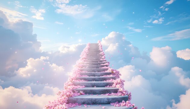 A celestial stairway adorned with delicate pink blossoms, ascending through ethereal clouds towards a heavenly light, symbolizing a path to paradise