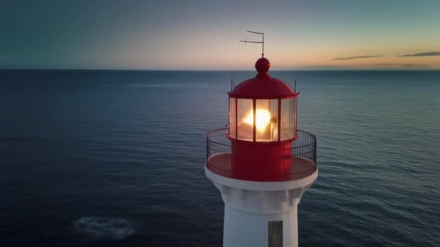 Lighthouse guiding light across the ocean at dusk, beautiful scenery, mp4 video. AI