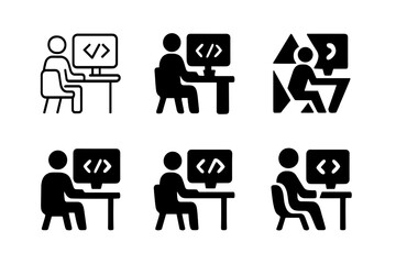 Developer Logo Variations. developer coding in a collaborative workspace. Icon set. Set Logo of developer coding in a collaborative workspace: person at desk