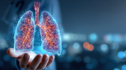 Doctor Holding Human Lungs Visualization on Blurred Background for Medical Presentation