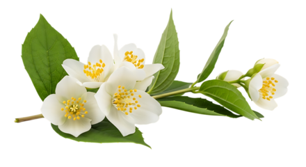 Delicate white jasmine flowers with vibrant yellow stamens and green leaves on a branch, cutout, PNG isolated on white or transparent background