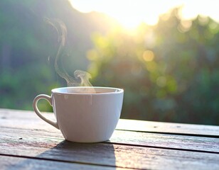 Warm Backlit Coffee Cup on Wooden Table