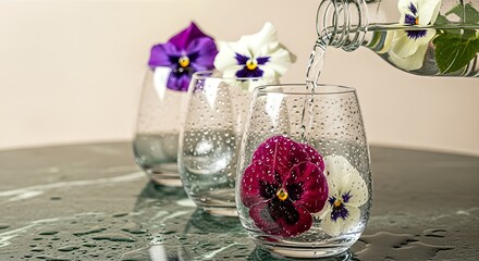 Water is being poured into a glass containing a red and white pansy, with two other glasses containing pansies in the background.