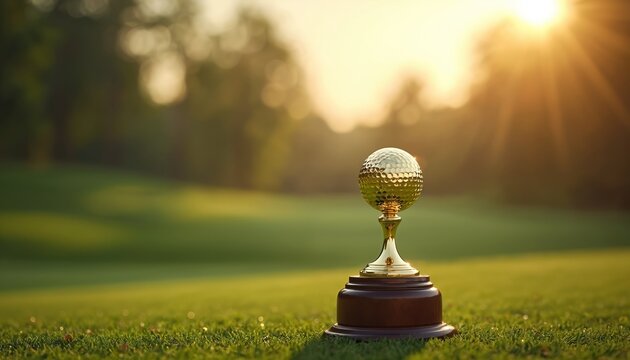 Golden golf ball trophy rests on rich green grass. Blurred trees and golden sunset light form background. Represents golf success, victory, and championship awards. - Powered by Adobe
