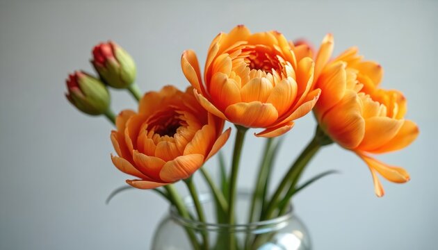 Orange ranunculus flowers placed in glass vase. Floral home decor with orange petals and green stems. Interior design with blossom in transparent jar on table. Close up on beauty. - Powered by Adobe