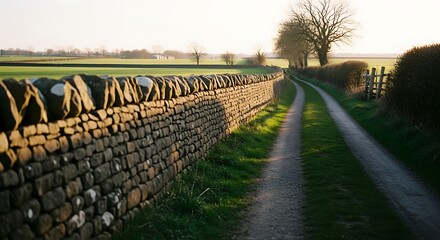 Rural Path and Stone Wall in Countryside Landscape.
