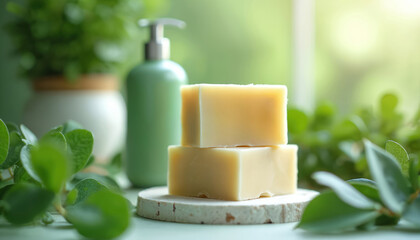 Two natural soap bars stacked together with a lotion dispenser behind them. Lush green plants surround the skincare products, suggesting a serene spa atmosphere and organic hygiene.