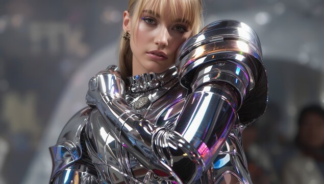 Young woman in futuristic chrome armor looking directly at the camera with a serious expression