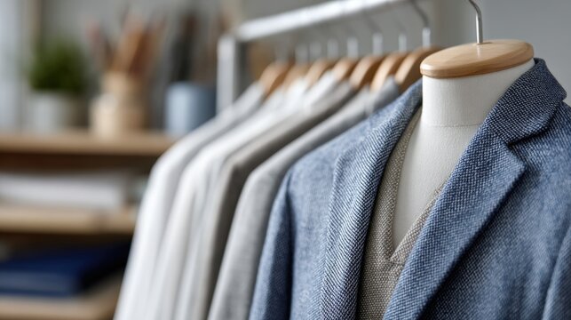 Elegant Tailored Jackets Displayed in a Minimalist Corporate Fashion Studio Setting