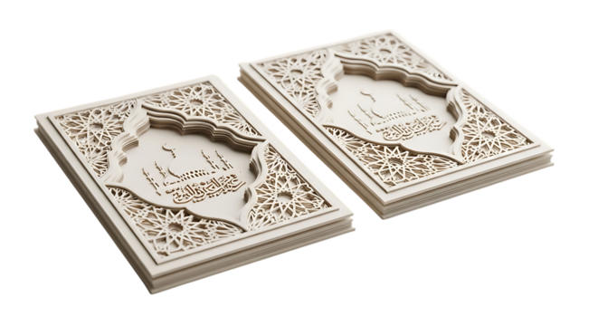 Two intricately carved white Islamic books with mosque silhouettes and Arabic script, cutout, PNG isolated on white or transparent background - Powered by Adobe