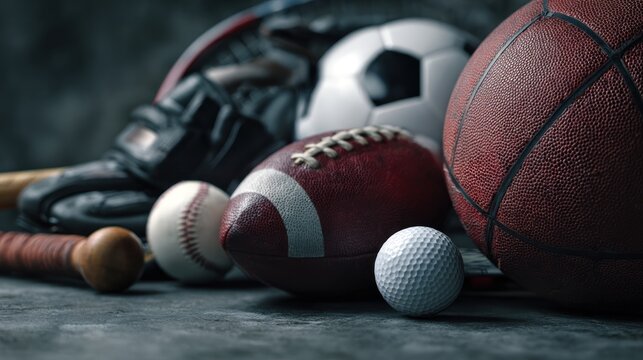 Assortment of Sporting Equipment Arranged for a Team or Game Concept