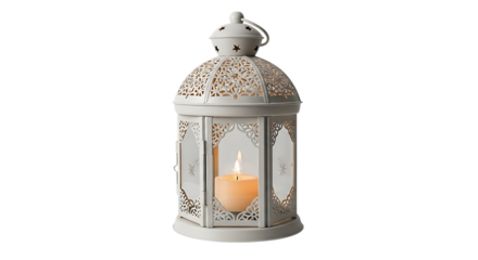 Ornate White Metal Lantern with Lit Candle Inside, cutout, PNG isolated on white or transparent background decorative