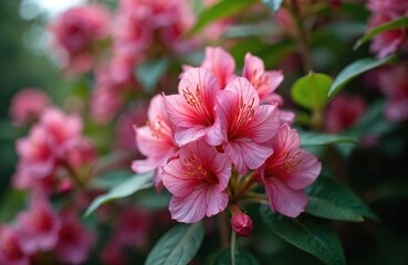 Pink flowers bloom on bush in spring. Green leaves surround blossoms. These delicate plants show beauty of nature in bright garden scene. Close up view of petals. Small flower bud is also visible.