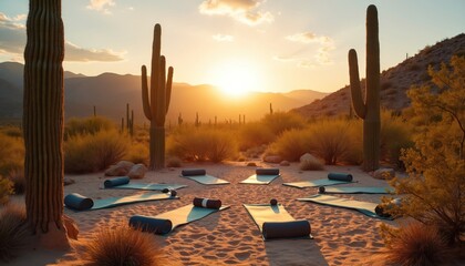 Outdoor yoga mats, bolsters arranged in circle for class in desert landscape at sunrise. Golden sun illuminates saguaro cacti, mountains, sand. Wellness retreat meditation session prepared in