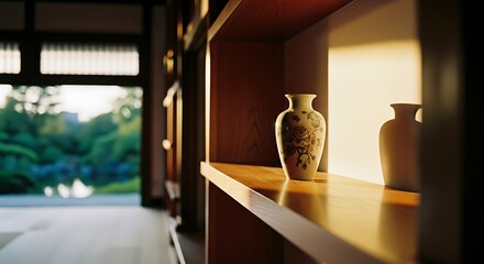 Vases on a shelf with a view to the garden.
