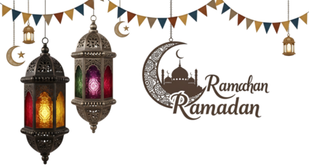 Ornate Ramadan lanterns with colorful glass panels and Islamic crescent moon decoration, cutout, PNG isolated on white or transparent background