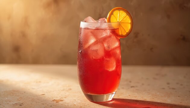 Tall glass of Rossano spritz cocktail filled with ice cubes, garnished with orange slice. Refreshing red drink made with Italian amaro, prosecco. Cold bittersweet beverage for summer aperitivo,