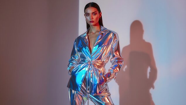 Stylish woman in a shimmering metallic outfit posing under vibrant blue and red studio lights