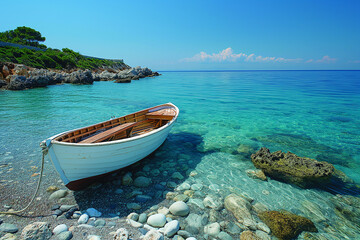 Coastal Rowboat Scene Serene coastal landscape with a white rowboat floating on turquoise water near a rocky shore under a blue sky.