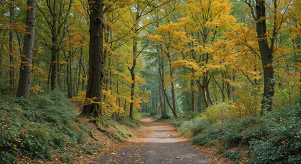 Fototapeta premium Serene autumn forest path winding through vibrant yellow and green trees, a picturesque natural landscape