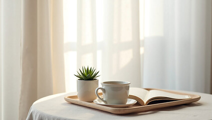 A minimalist scene of a light wood tray holding a single ceramic cup of herbal tea and an open book, next to a small potted succulent. Soft morning light streams through a sheer linen curtain.