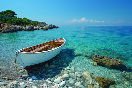 Coastal Rowboat Scene Serene coastal landscape with a white rowboat floating on turquoise water near a rocky shore under a blue sky. - Powered by Adobe