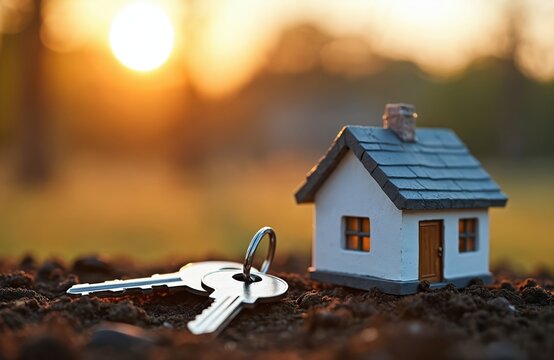 Small white house model, new silver keys rest on dark soil ground. Warm orange sun shines blurred in background at golden sunset. Scene represents new home purchase real estate investment property