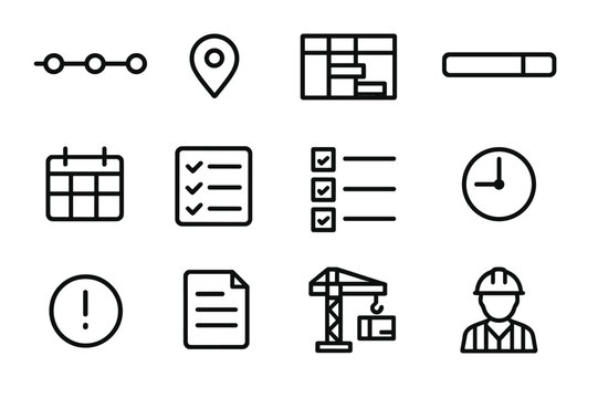 Project Management Icons. Project tracking interface. Line icon set of Project tracking interface: timeline, milestone marker, Gantt chart, progress bar,