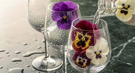 Pouring a clear beverage into an elegant wine glass filled with colorful edible pansy flowers.