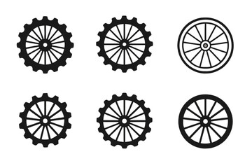 Bicycle Wheel Logos. Bicycle wheel. Icon set. Set Logo of bicycle wheel: gear hub. harmonious logo variations of the same emblematic concept, each with
