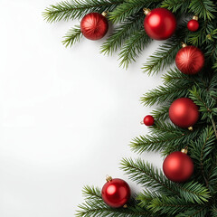 Festive Christmas pine branch with red ornaments and lush needles.