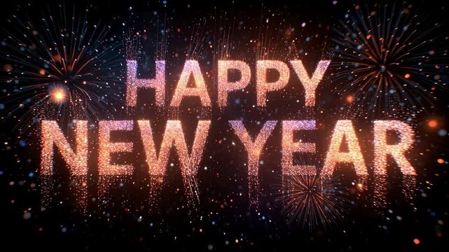 happy new year text with fireworks