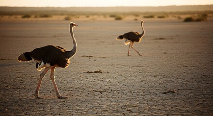 Two Ostriches Walking Across a Vast, Arid Desert Landscape at Sunset.