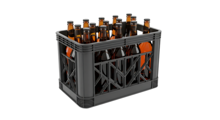 Gray plastic crate filled with amber glass beer bottles, cutout, PNG isolated on white or transparent background image