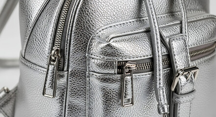 Silver fashionable backpack close up
