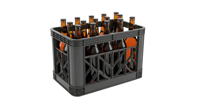 Gray plastic crate filled with amber glass beer bottles, cutout, PNG isolated on white or transparent background image