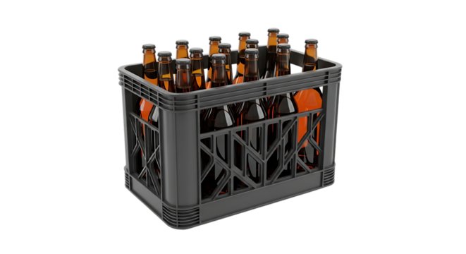 Gray plastic crate filled with amber glass beer bottles, cutout, PNG isolated on white or transparent background image