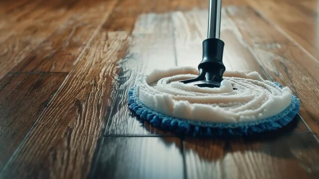 Wooden Floor and Mop: A close-up of a mop cleaning a polished wooden floor, capturing the fresh gleam after the work is done.